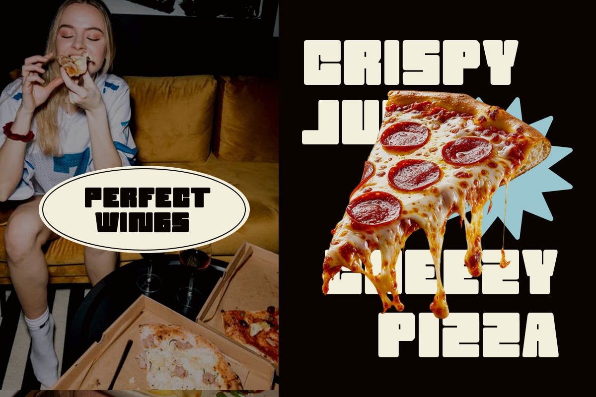Woman eating pizza on couch with retro bold typography overlay about crispy wings, cheesy pizza