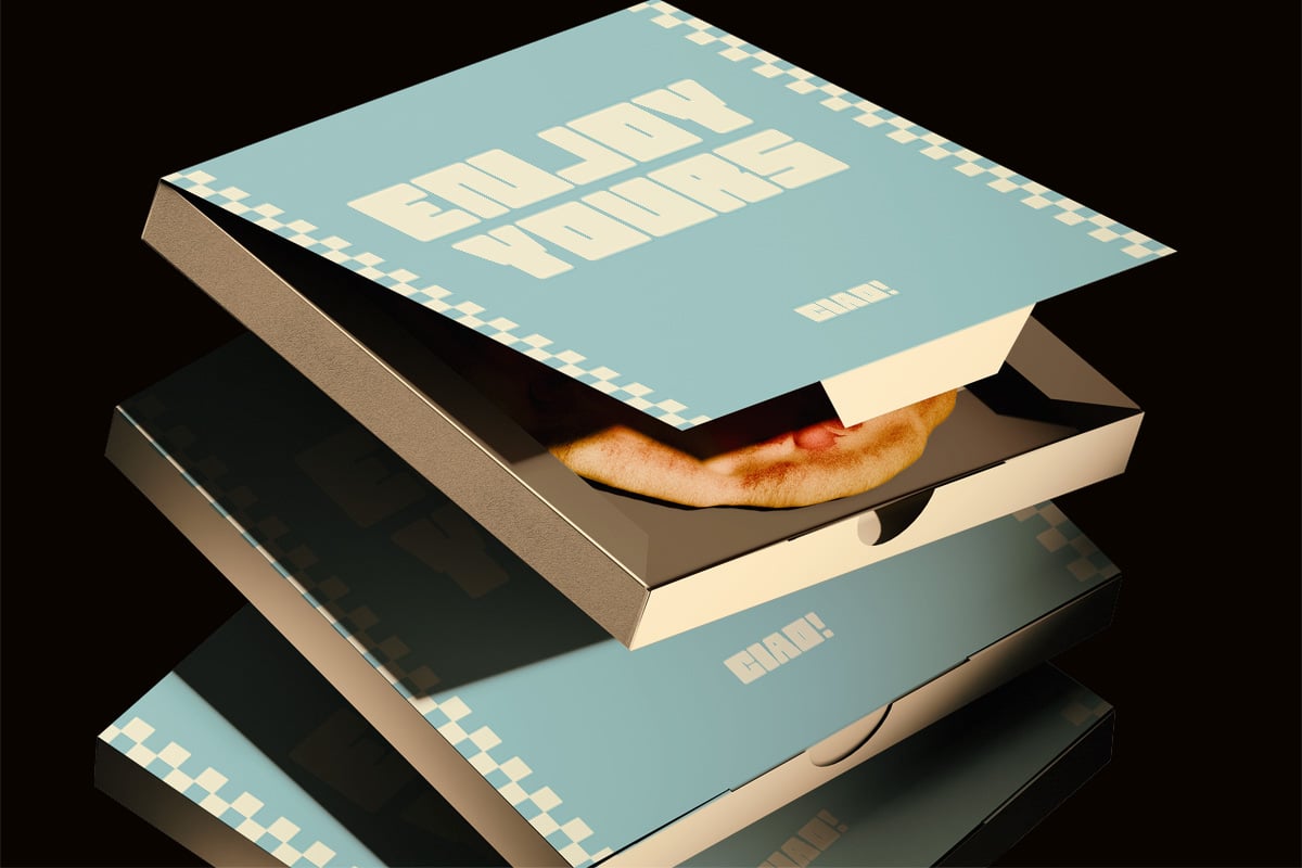 Stacked pizza boxes mockup with retro blue design, one box open showing fresh baked pie inside