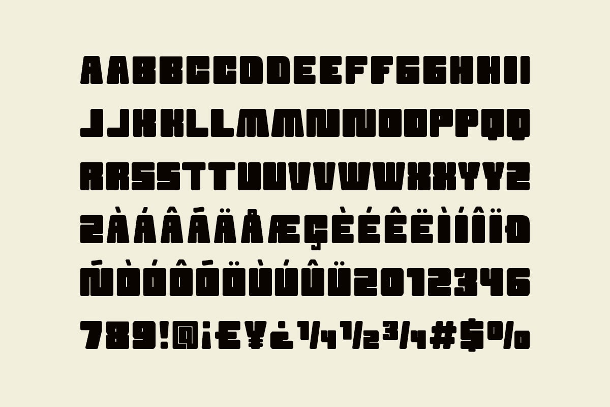 Bold black sans serif font with full character set on cream background