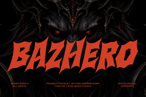 Bazherd font with glowing red demon eyes, sharp jagged letters on black textured background