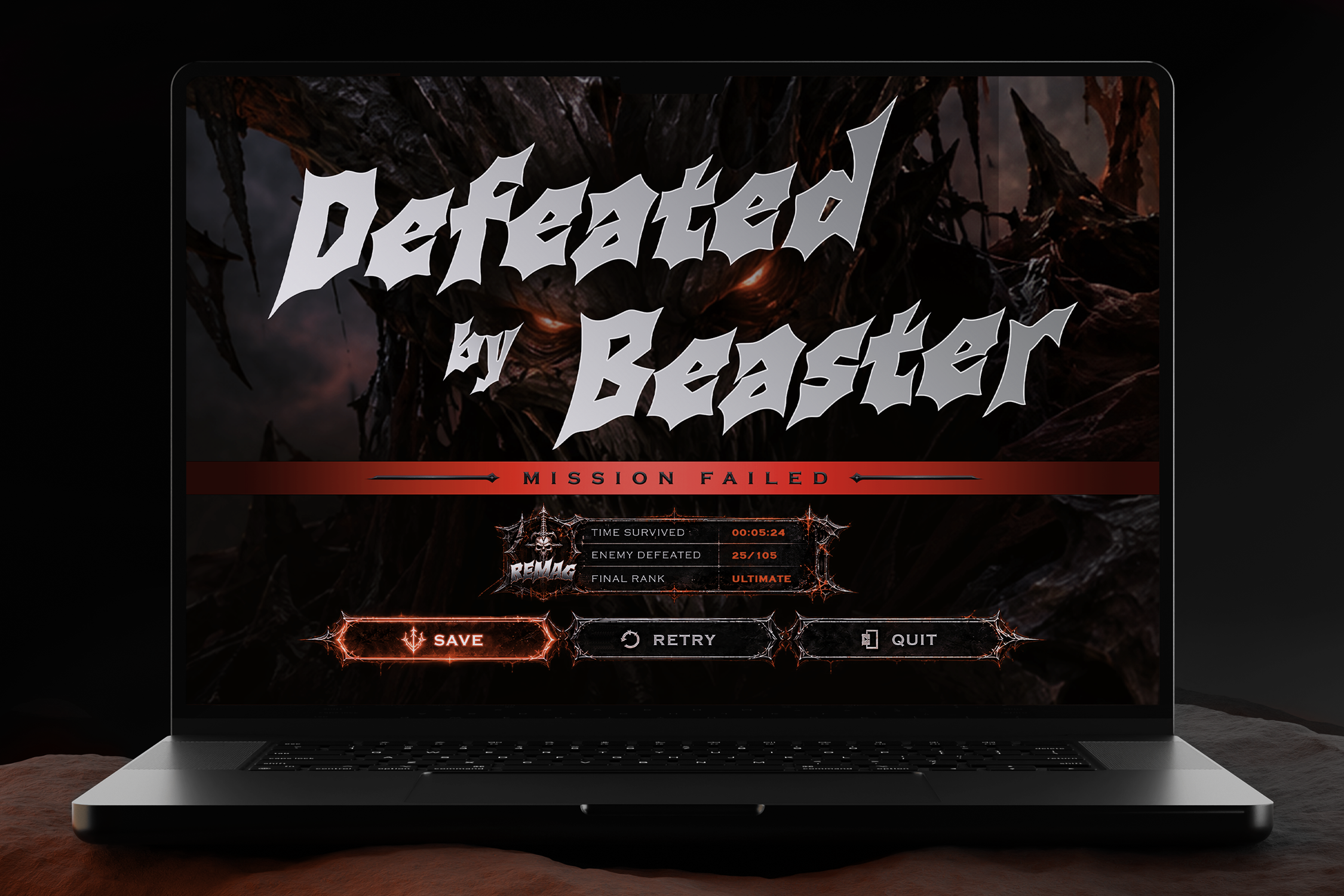 Laptop showing metal band game over screen with mission failed message, red HUD elements, save retry quit buttons