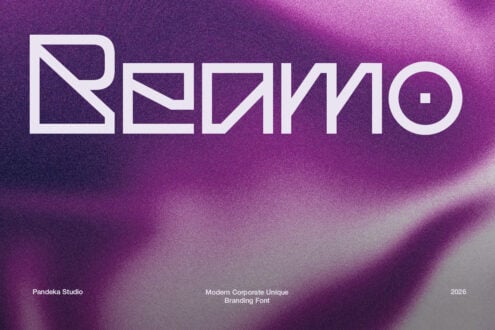 Bold geometric font on purple gradient background with sharp edges, modern branding vibe