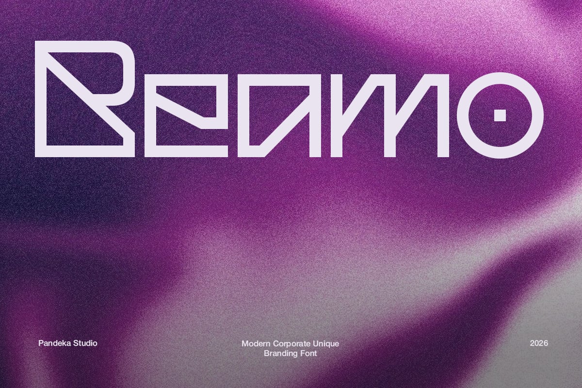 Bold geometric font on purple gradient background with sharp edges, modern branding vibe