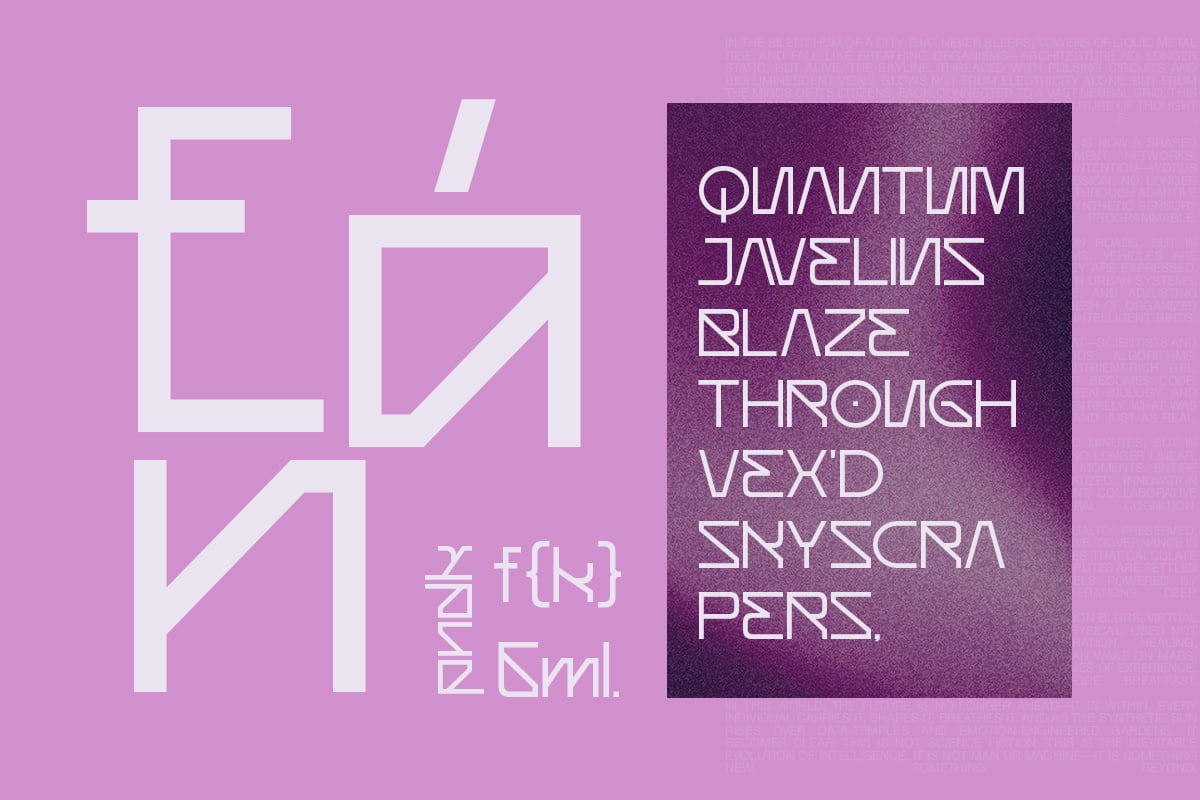 Geometric outline letters on bright pink background with dark purple card displaying futuristic font names