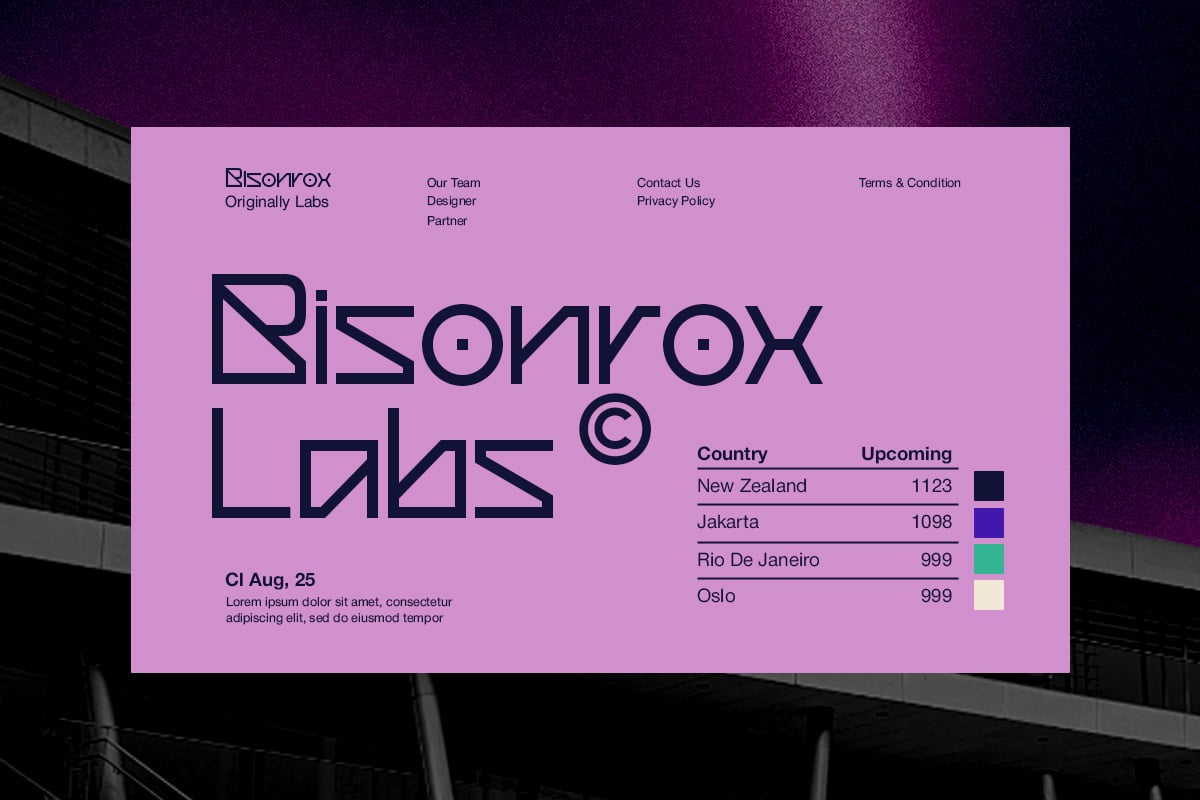 Bisonrox Labs website mockup with hot pink background, dark geometric logo, navigation menu, event data table for multiple cities