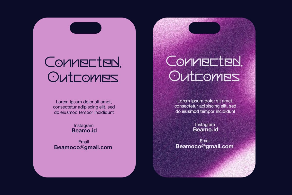 Phone mockup showing two card designs, solid pink vs grainy purple gradient, both with Connected Outcomes branding