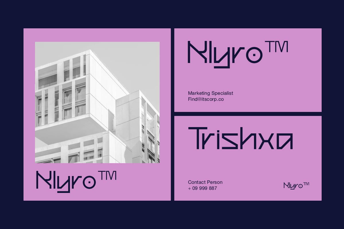 Business card mockup with modern architecture photo, pink background, dark navy text layout