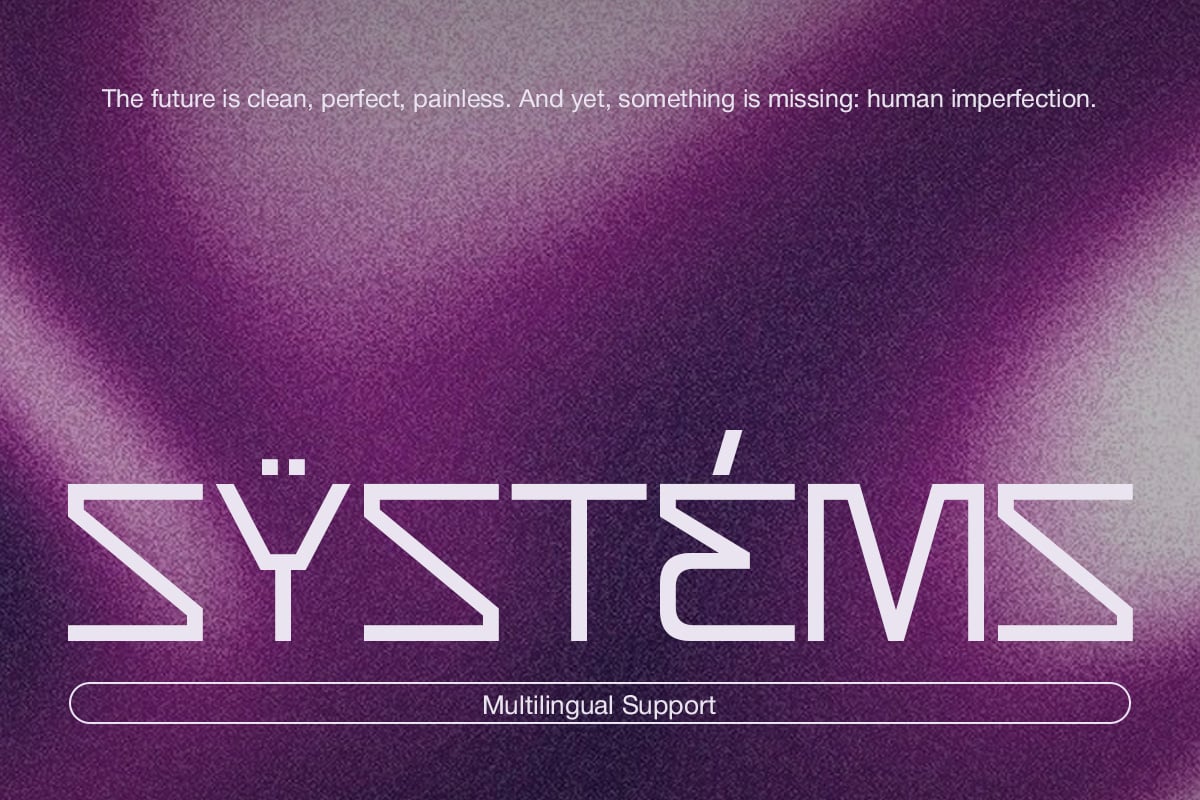 Futuristic purple gradient background with geometric "SYSTEMS" typography, multilingual support label below
