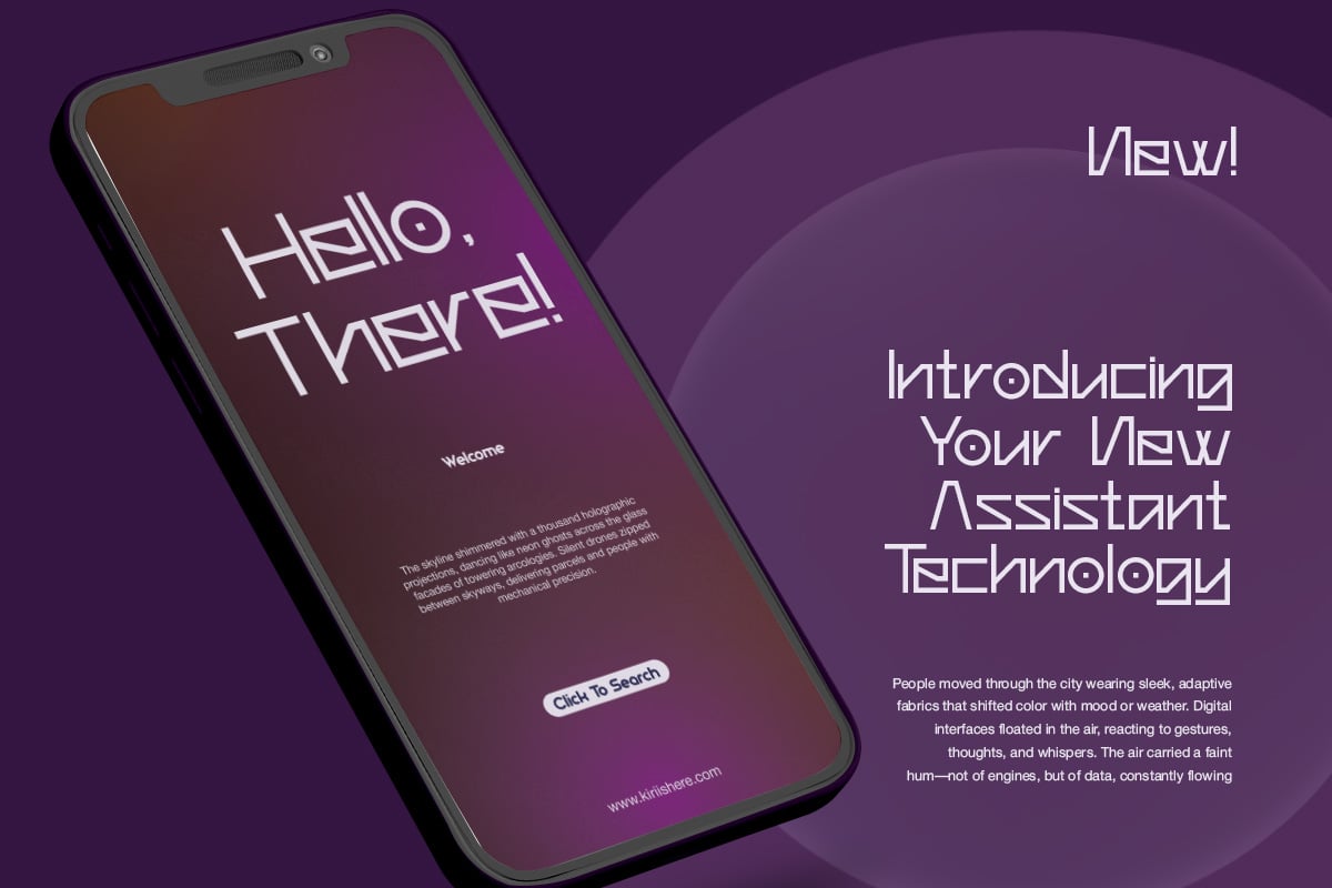 iPhone mockup displaying welcome screen with futuristic UI on purple gradient background