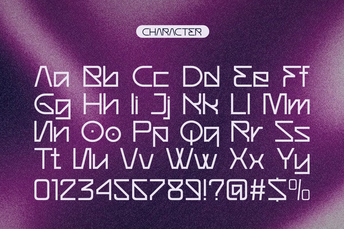 Modern geometric font with outlined letters, numbers, symbols on purple textured background