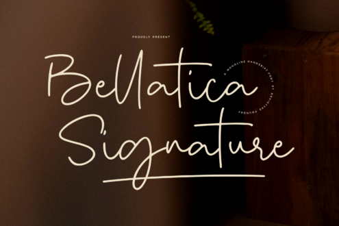 Bellatica Signature monoline handwriting font with cream lettering on moody brown background