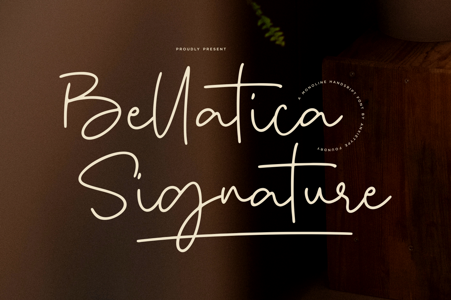 Bellatica Signature monoline handwriting font with cream lettering on moody brown background