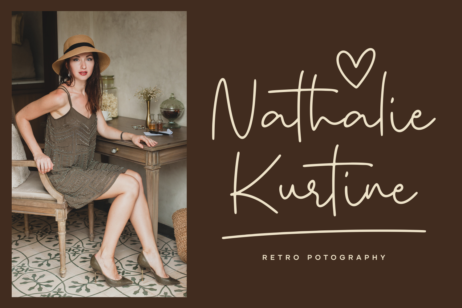 Woman in straw hat posed on wooden bench with retro photography mockup template
