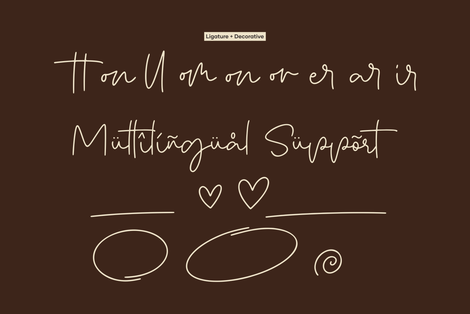 Handwritten script font sample showing flowing letterforms, hearts, underlines on dark brown background