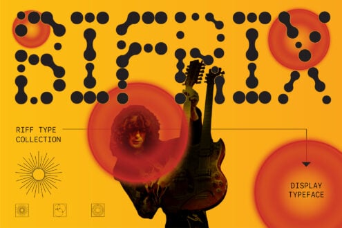 Riff Type Collection display typeface with retro vibes, guitarist, bold geometric shapes on yellow background