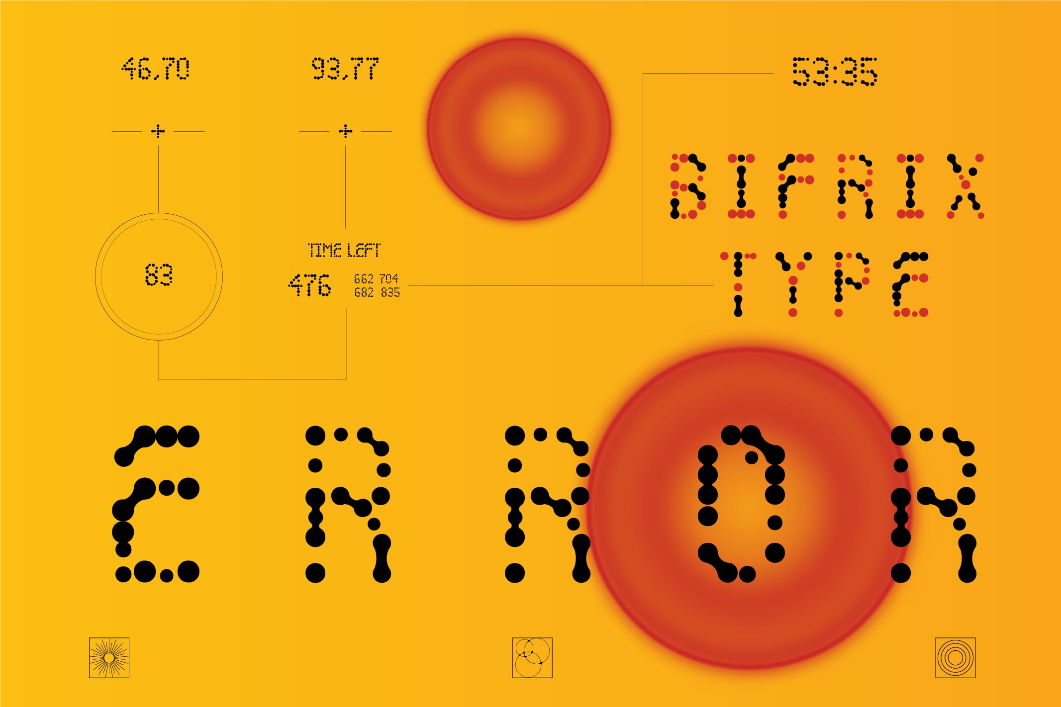 Retro sci-fi UI mockup with dotted typography, glowing orbs, timers on bright yellow background