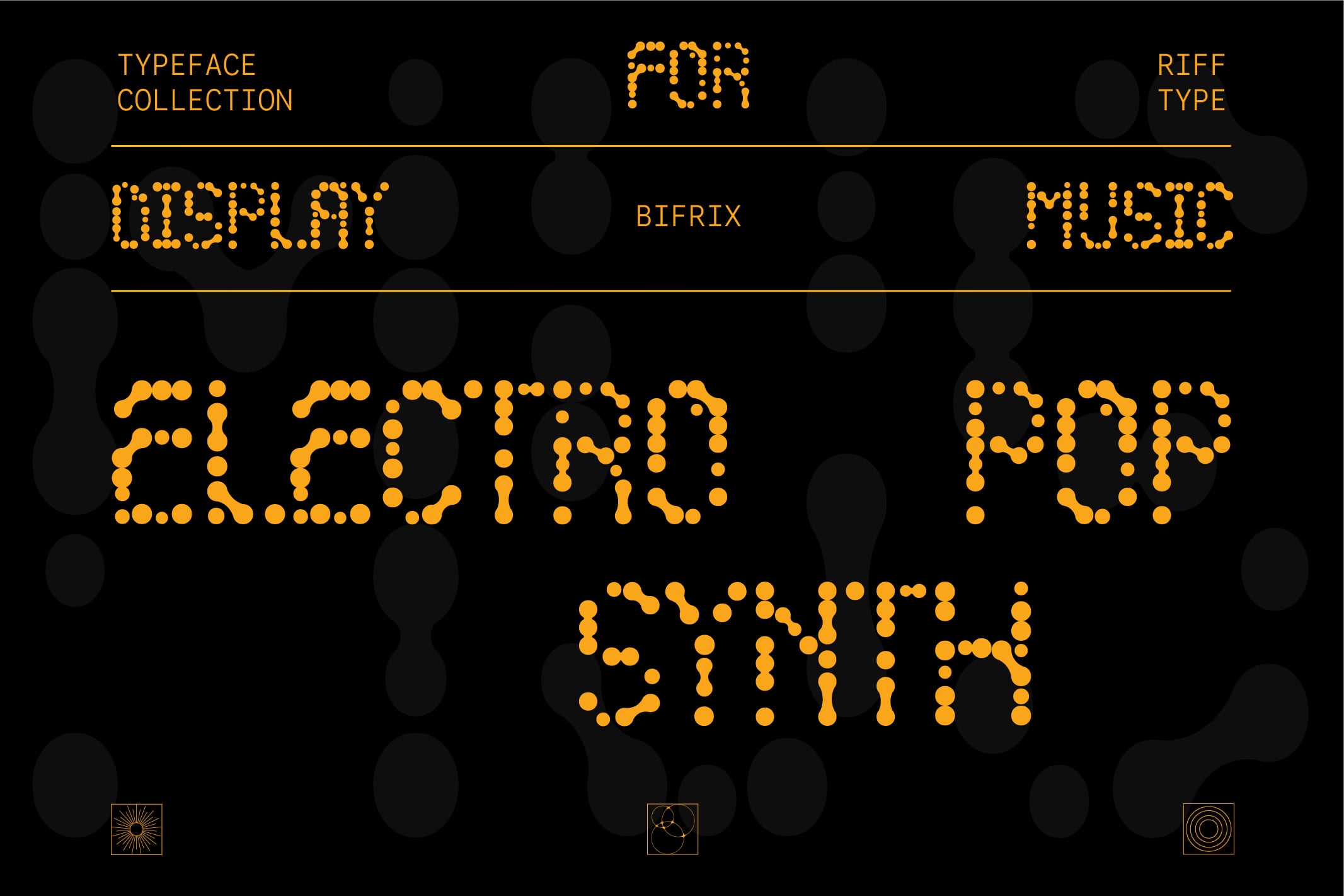 Dotted typeface collection display with orange fonts on black background showing retro pixel styles