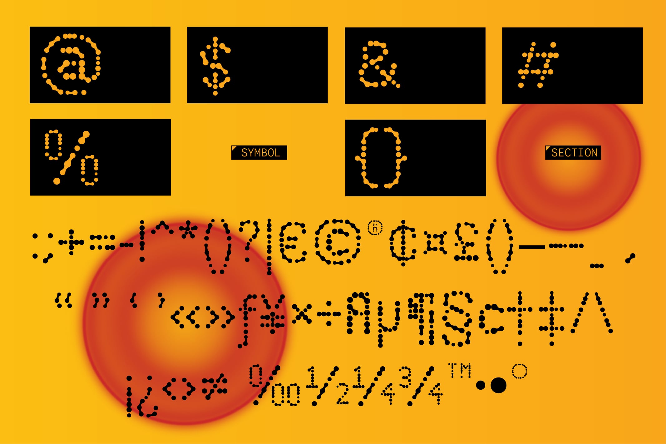 Dotted symbol font display with currency signs, brackets, operators on black cards against bright yellow background with red spheres