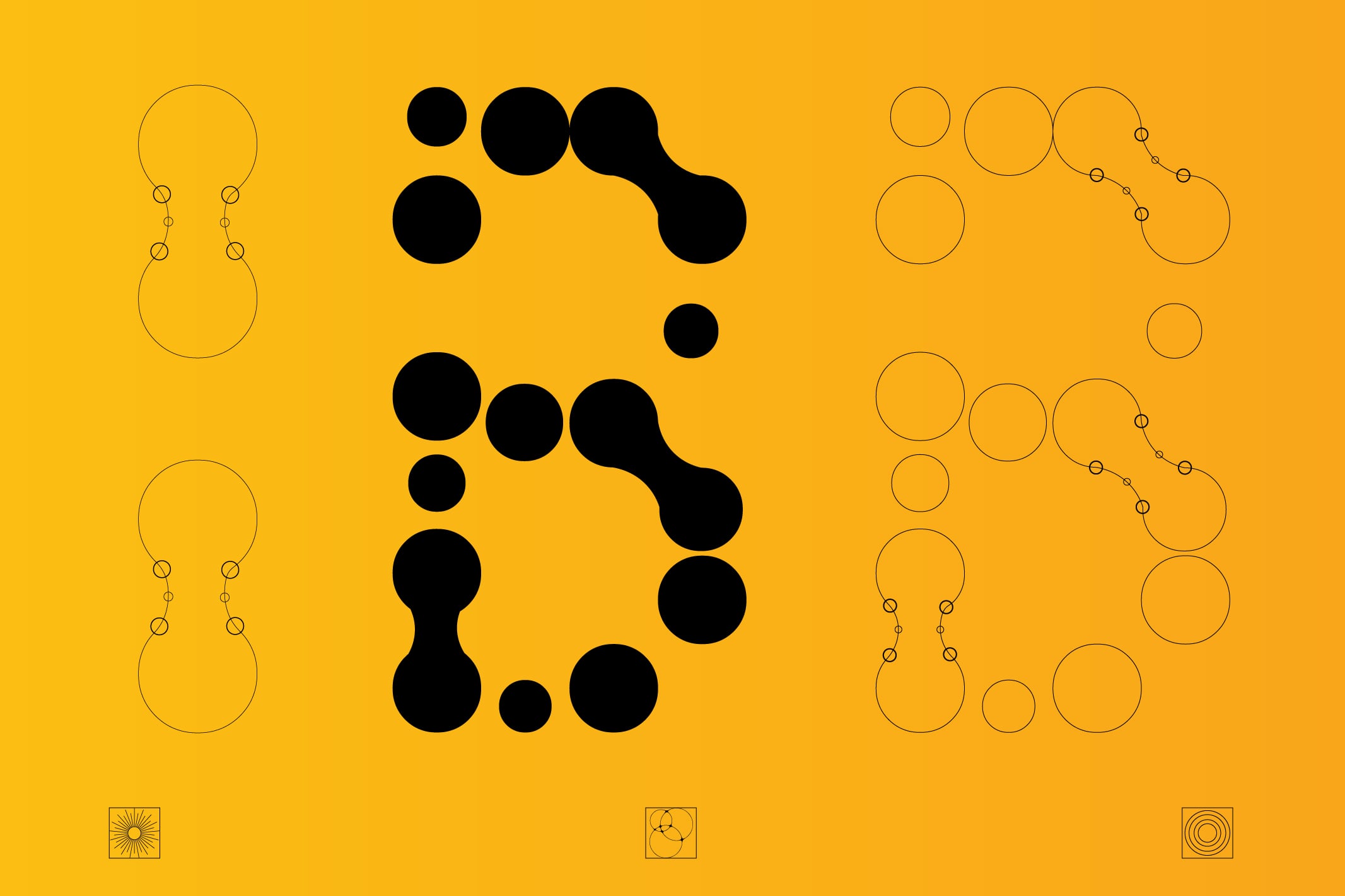 Black, outlined, connected circles on bright yellow background forming molecular network shapes