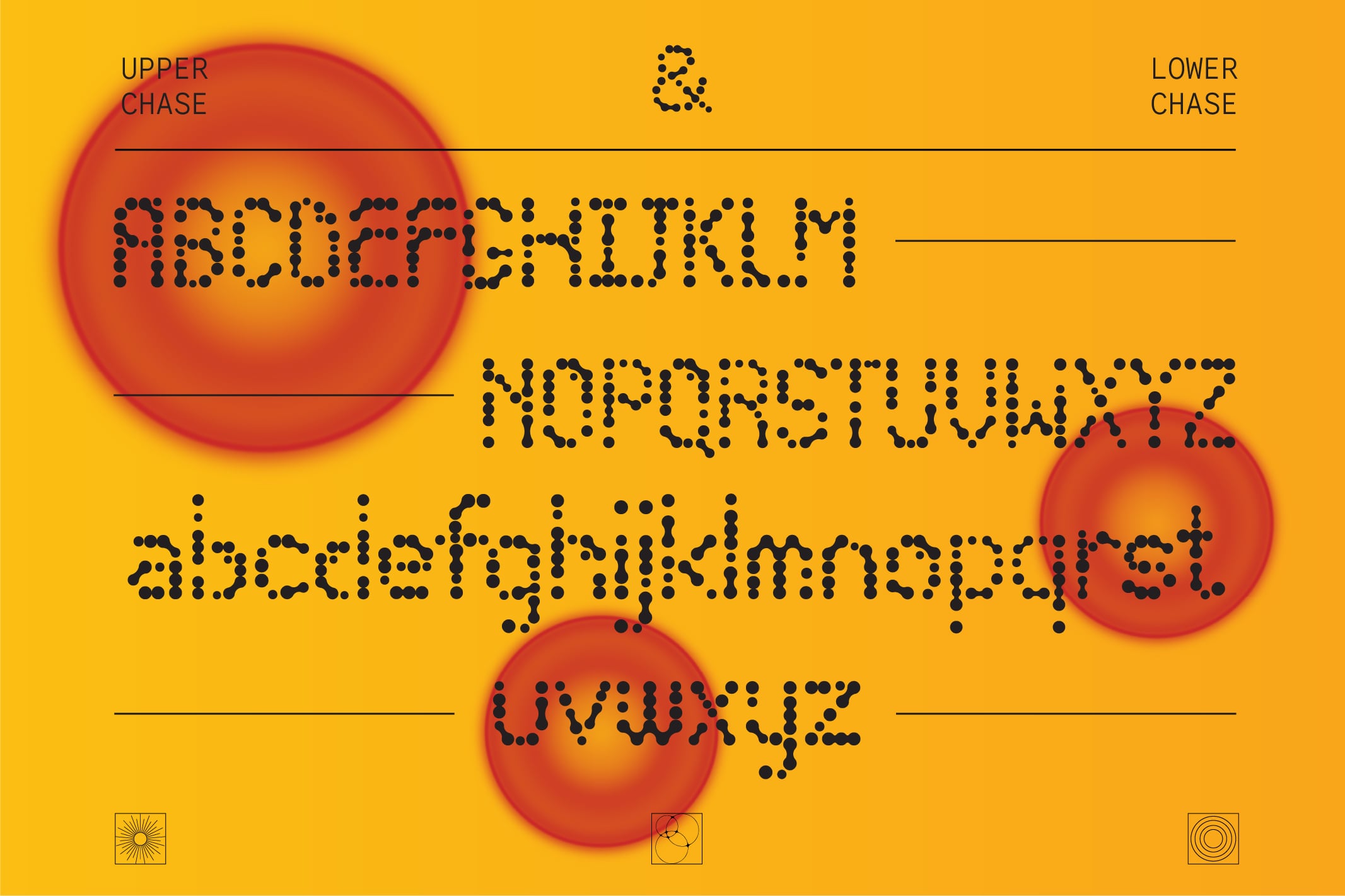 Dotted typeface mockup with red spheres on bright yellow background showing upper lower chase letterforms