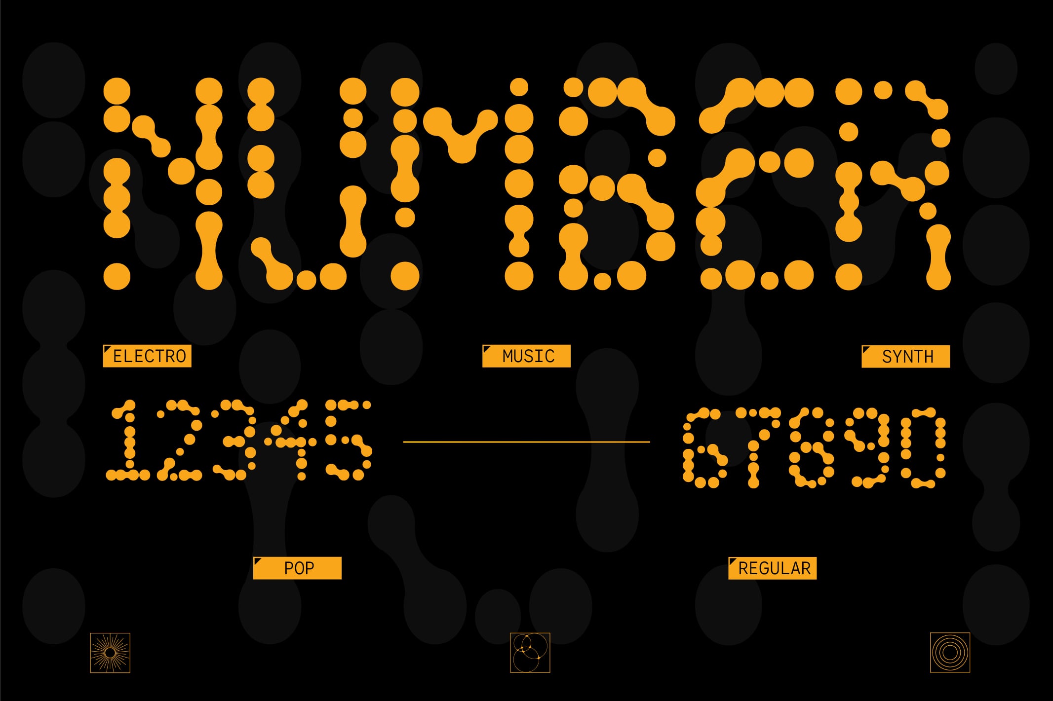 Retro dot-matrix font specimen showing electro, music, synth, pop, regular weights in gold on black