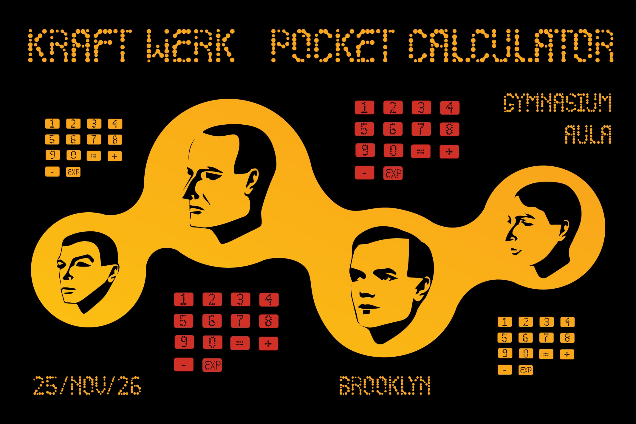 Retro poster with four male heads connected by yellow shapes, calculator key typography in red, orange on black