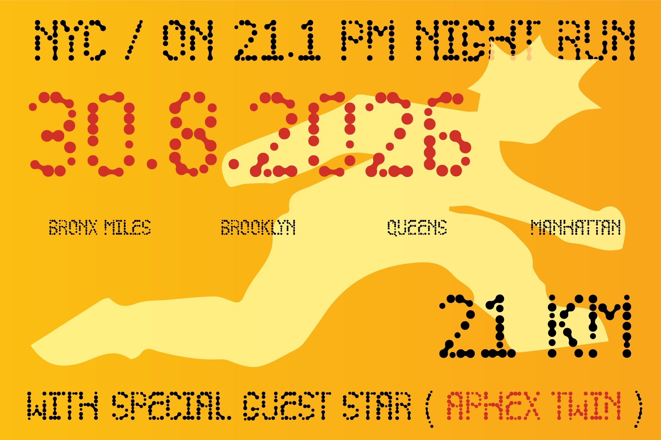 NYC midnight map with dotted type overlay on yellow background