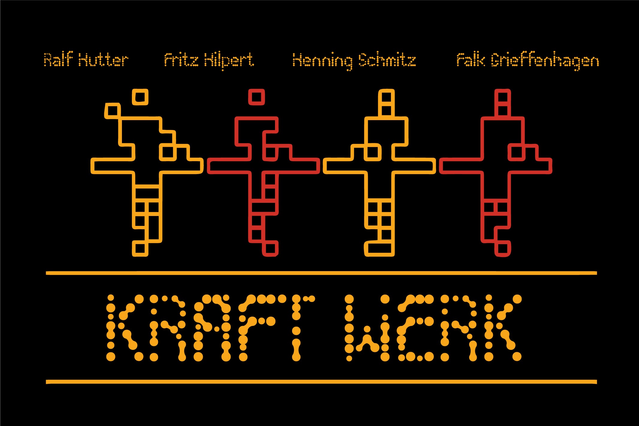 Retro pixel art figures in yellow plus red with "Kraft I Work" text below on black