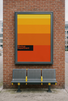 Street poster mockup on brick wall with bench, yellow to red gradient design