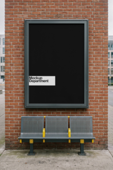 Street-level billboard mockup on brick wall with metal bench below, ready for your designs