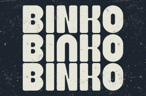 Distressed cream typeface spelling "BИНRO BИНRO" stacked on dark textured background