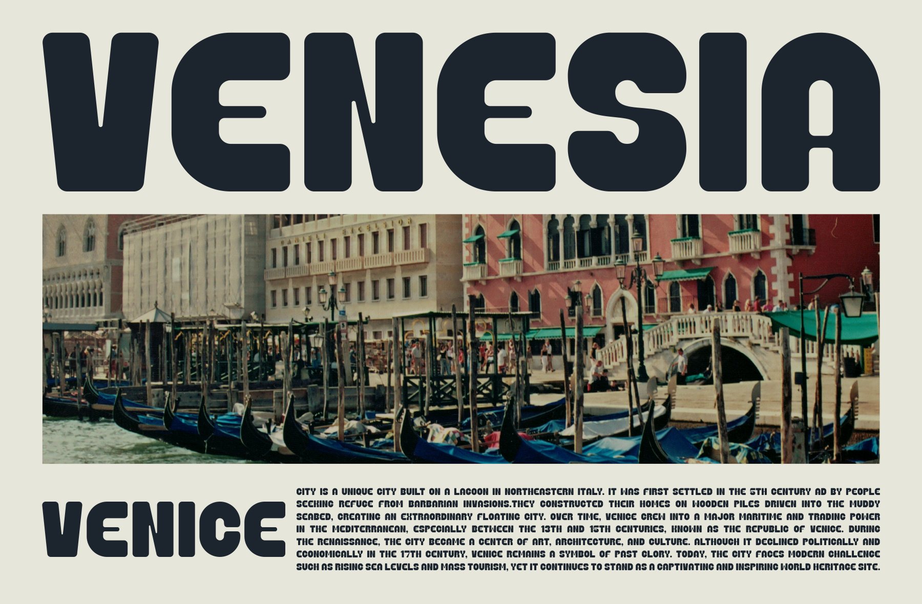 Bold sans serif font overlay on Venice gondola scene with historic buildings