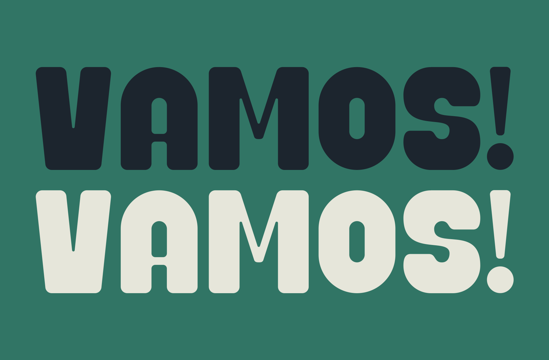 Stacked two-color typography saying "VAMOS VAMOS" on sage green background