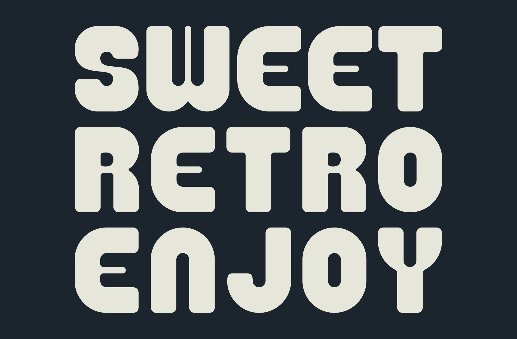 Chunky retro sans serif font in cream on dark navy background
