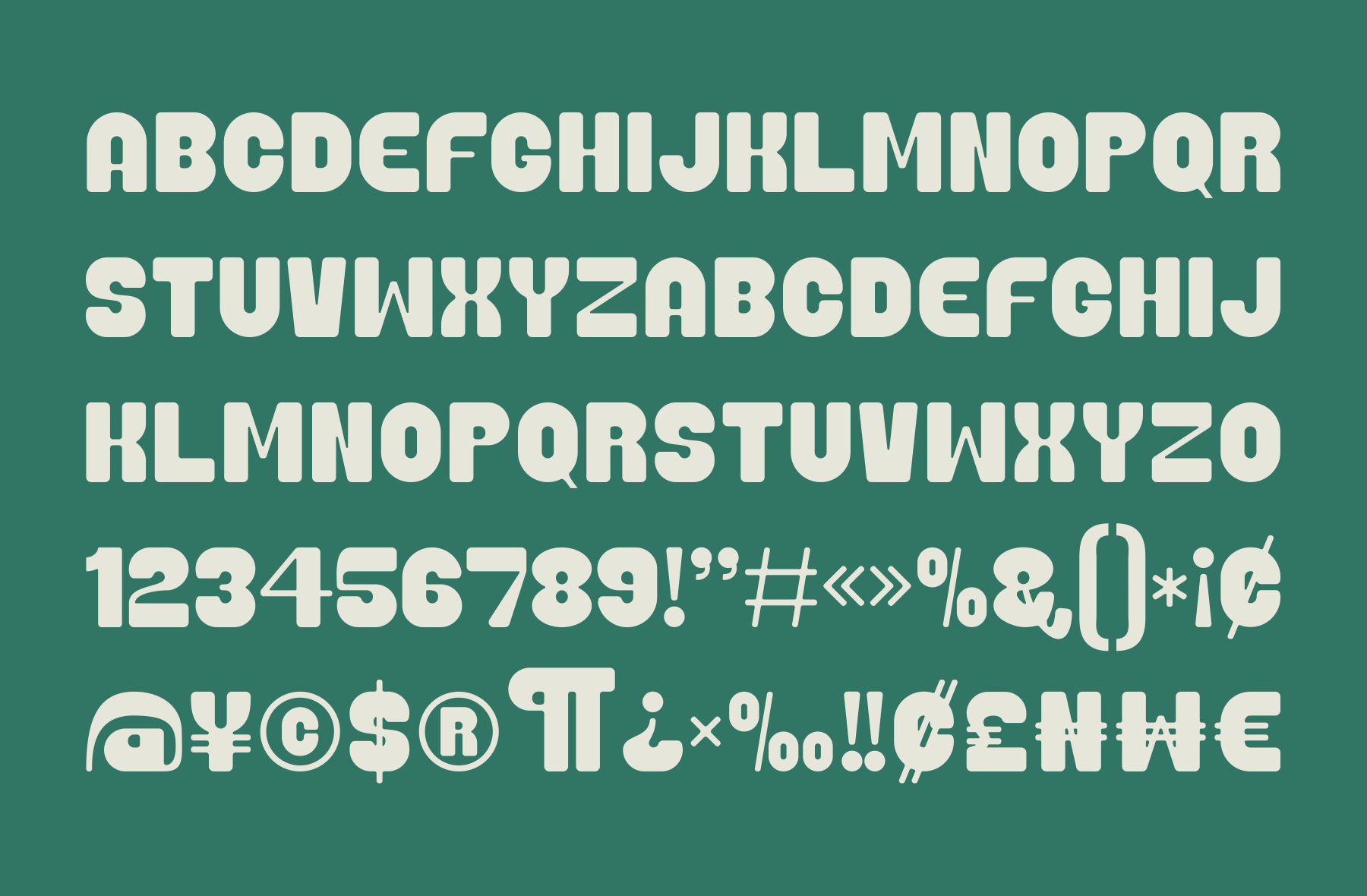 Bold sans serif font with full character set on teal background