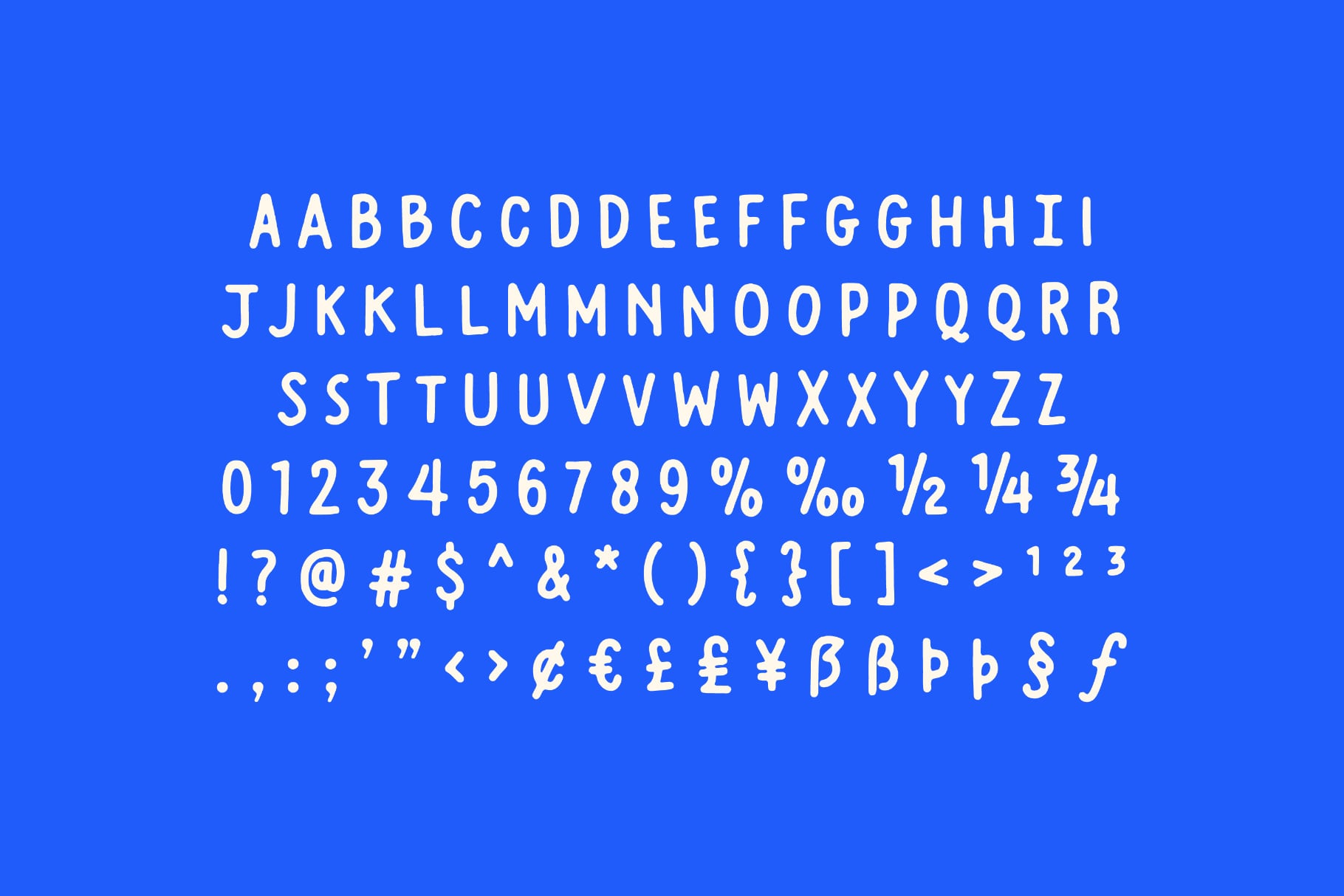 Bold sans serif typeface showing full character set with letters, numbers, symbols on bright blue background