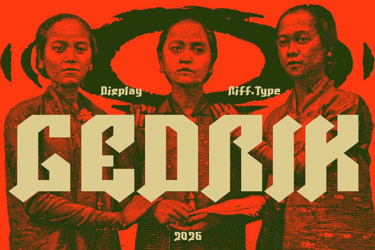 Retro propaganda style font with chunky geometric letterforms in cream on red background