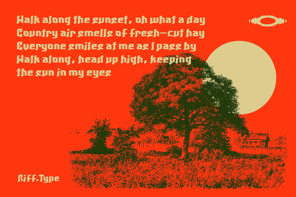 Retro sunset scene with rural landscape, cream sun, tree, poem text in serif font on bright orange background