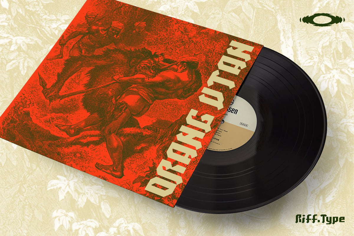 Vinyl record mockup with red album sleeve featuring classical engraving artwork on cream textured background