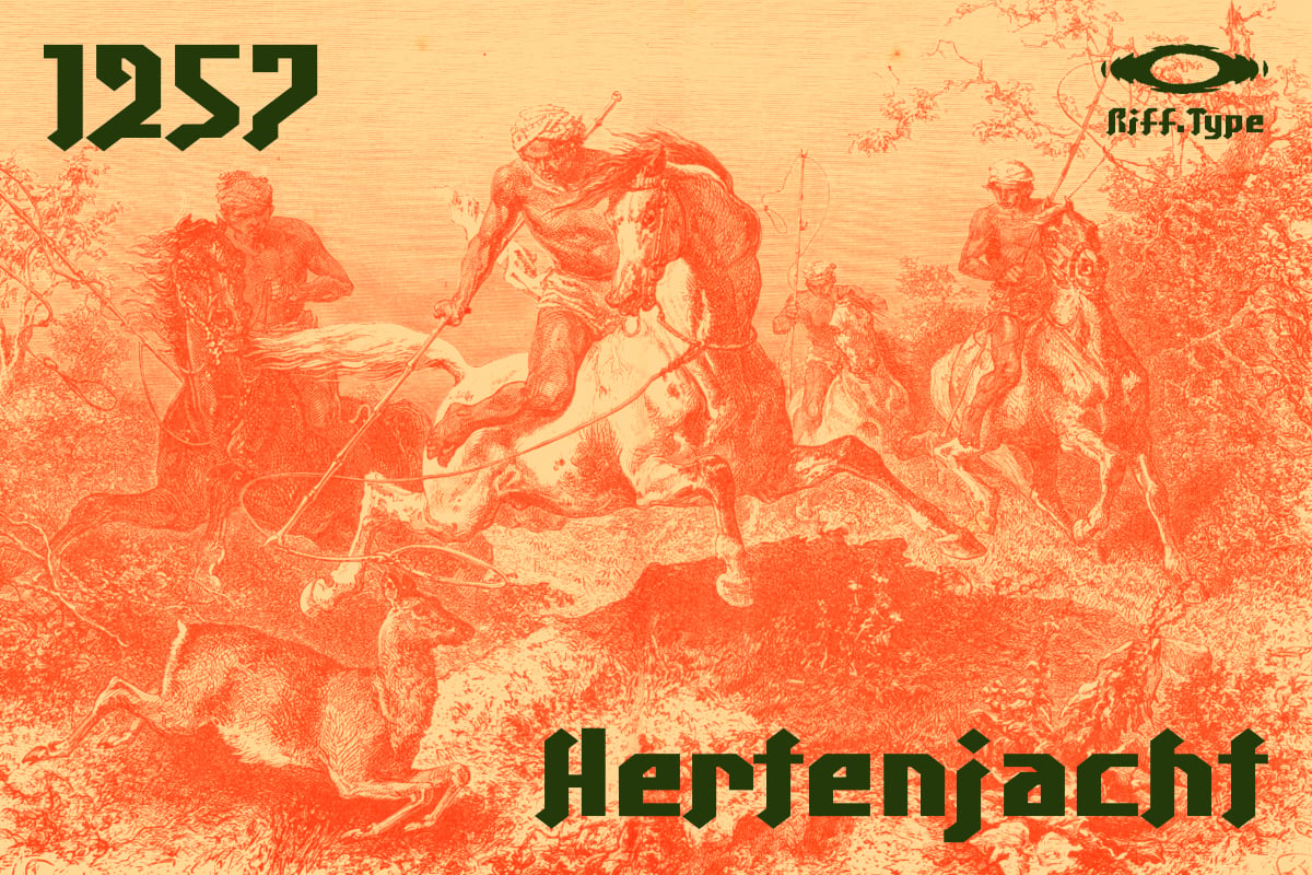 Vintage 1257 Herrenfiacht poster with bold gothic typeface over classical hunting engraving