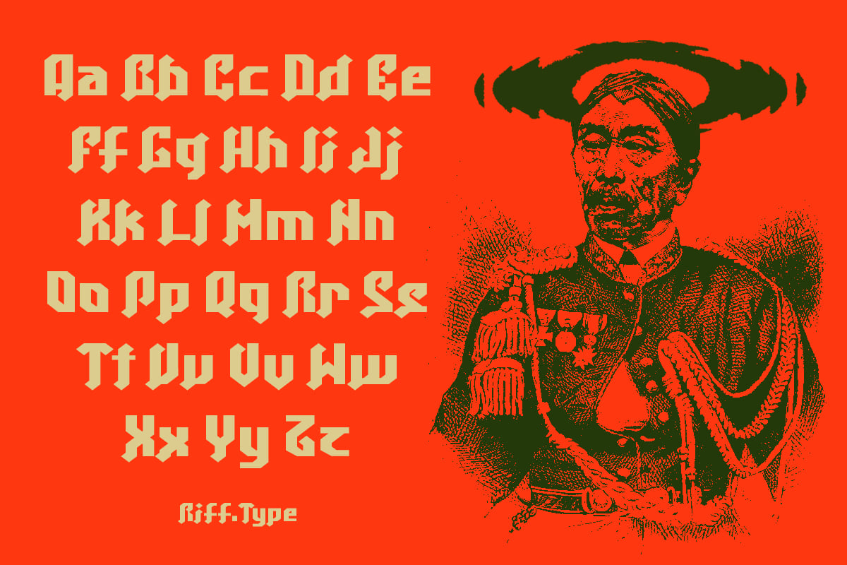 Riff Type font display with full character set on red background with vintage portrait illustration