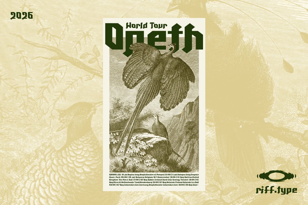 Opeth 2025 World Tour poster with vintage bird engraving on cream botanical background