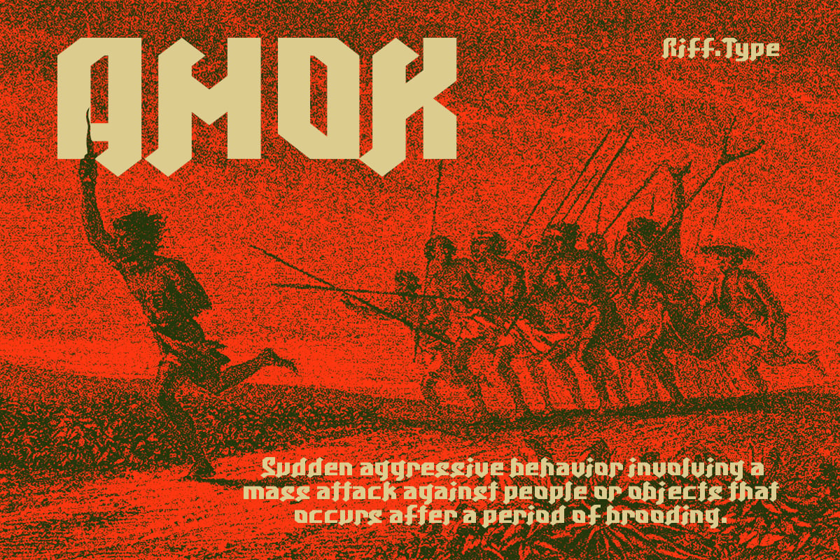 Riff-Type font displayed over gritty red texture with silhouettes of aggressive figures in violent action poses