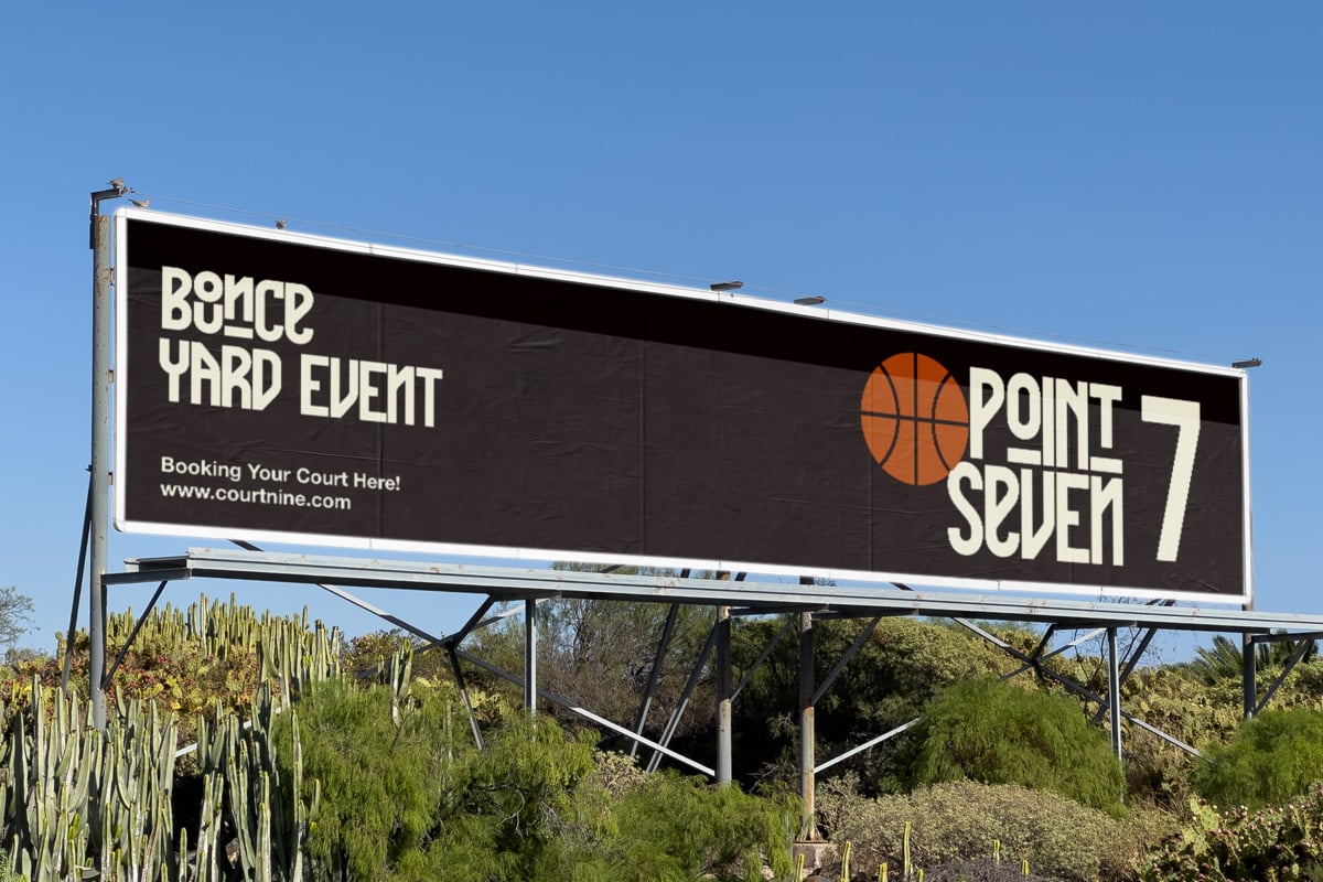 Outdoor billboard mockup showing basketball court rental ad with retro typography on black background