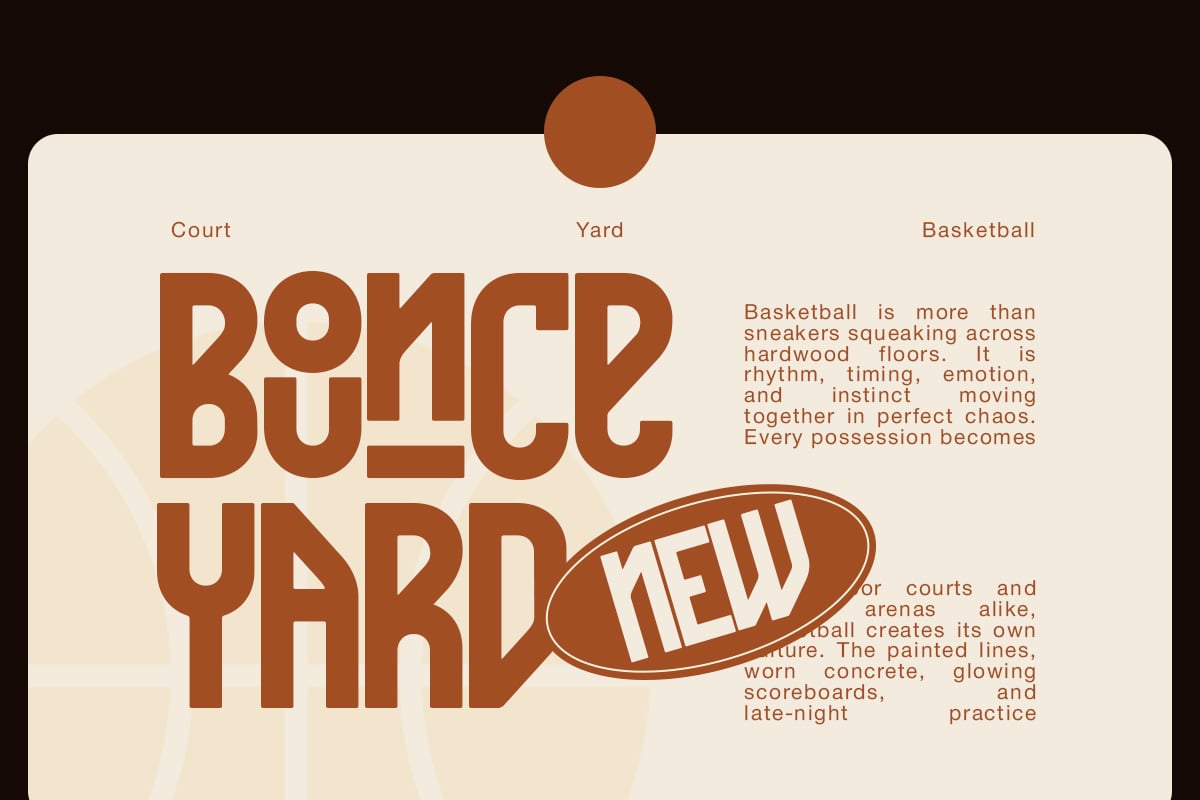 Retro basketball poster with bold rust typography, basketball graphic, narrative copy on cream background