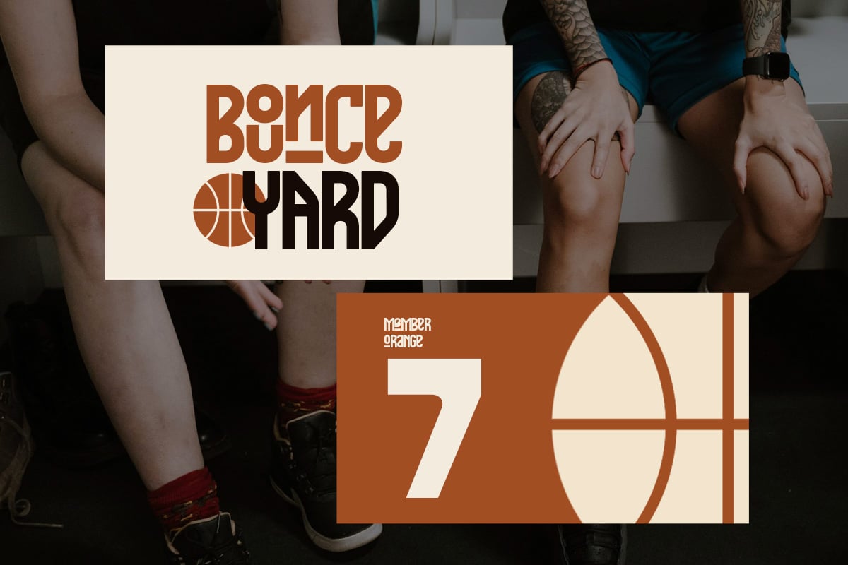 Bounce Hard basketball logo with orange ball icon, cream cream background mockup showing sports branding