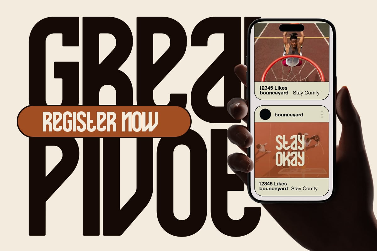 Hand holding phone displaying social media feed mockup with basketball court photo, likes, usernames, post captions