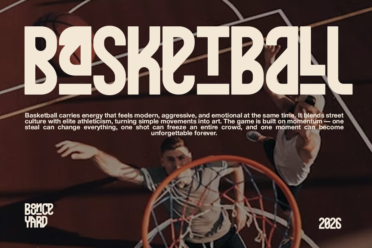 Basketball poster mockup with cream sans serif type over court action shot, 2026 branding