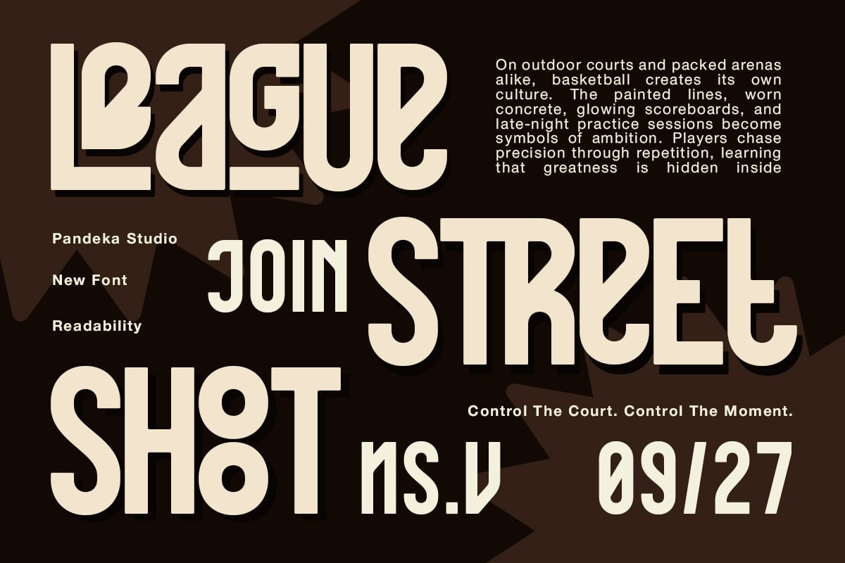 Pandeka Studio bold typeface specimen on dark brown background with basketball court imagery