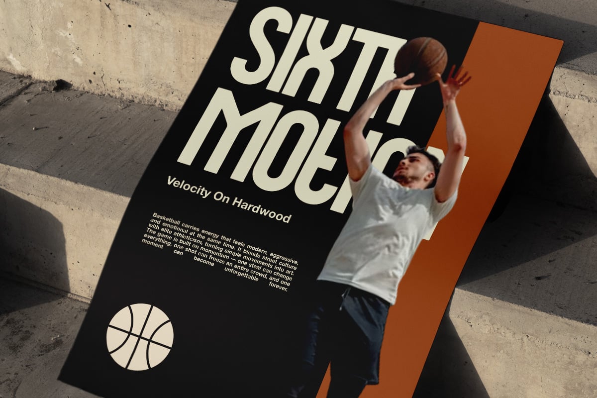 Basketball poster mockup with player shooting, bold cream type on black, orange color block accent